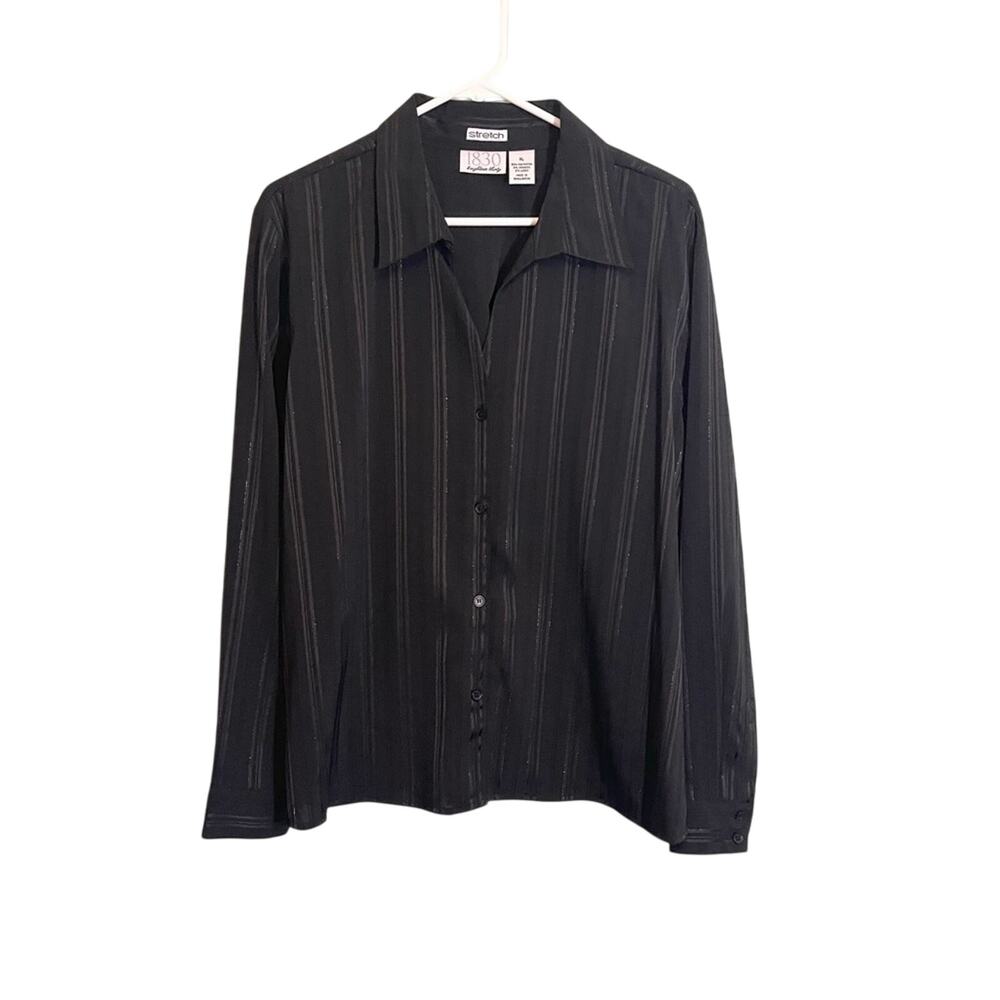 1830 Womens Stretch Striped Collared Long Sleeve Button‎ Down Shirt Black XL NWT